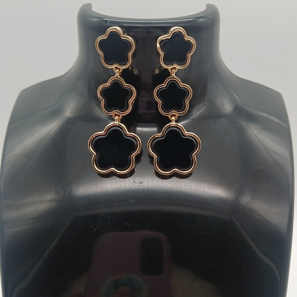 Gold-tone Black Enamel Triple Clover Style Earrings​​